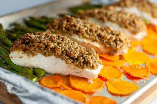 Maple Walnut Crusted Sheet Pan Halibut