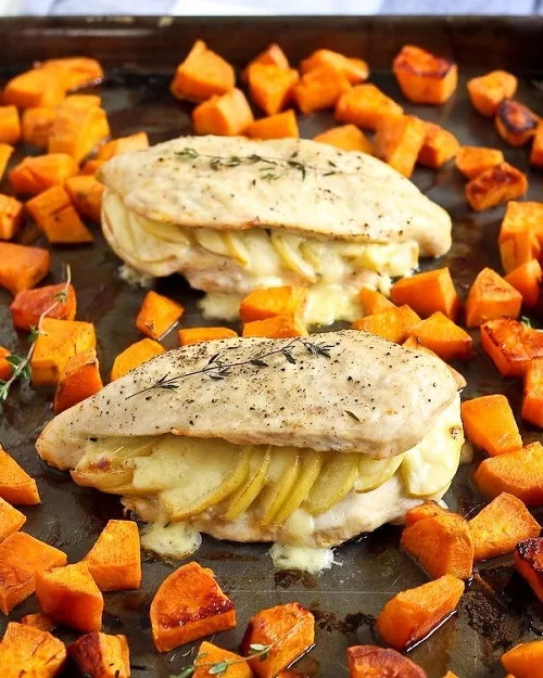 Apple Gouda Stuffed Chicken Breasts with Smoky Roasted Sweet Potatoes