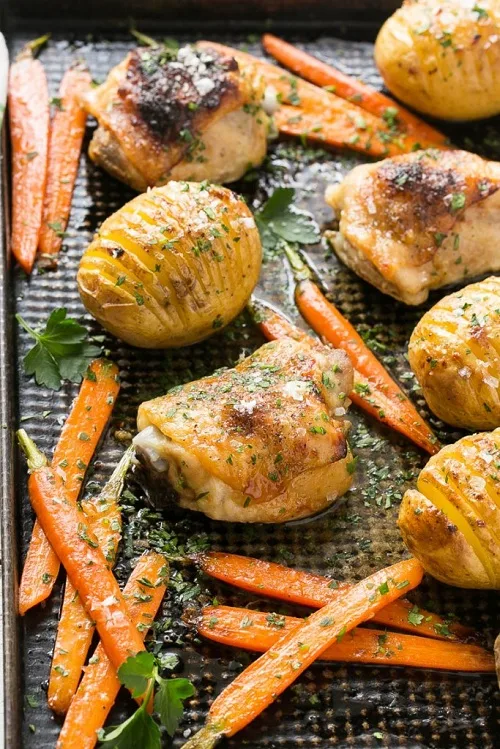 Maple Dijon Chicken with Hasselback Potatoes and Carrots 