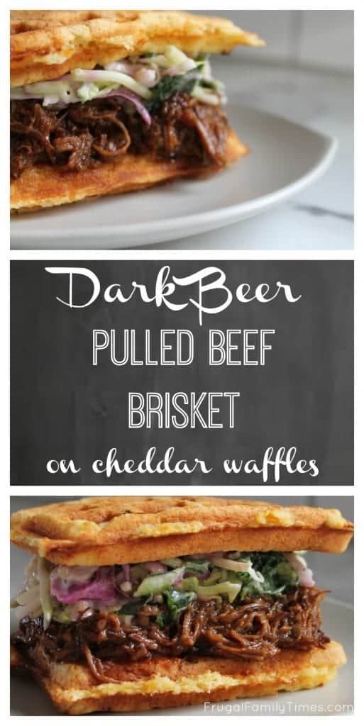 Instant Pot Dark Beer Pulled Brisket on Cheddar Waffles with Blue Cheese Kale Coleslaw | A perfect meal for any game night: Super Bowl football, Basketball play-offs anything where a hearty meal is required. Made in the pressure cooker with Guiness beer. #instantpot #pressurecooker #gamenightrecipe #brisket #beef #beer #Guiness #easyrecipe instant pot pulled brisket
