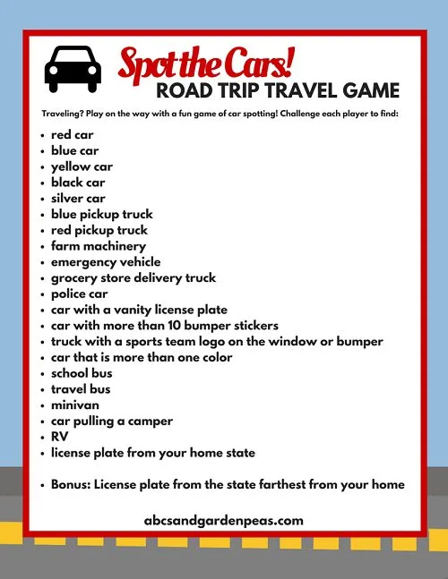 Spot the Cars! Printable Travel Game for Kids