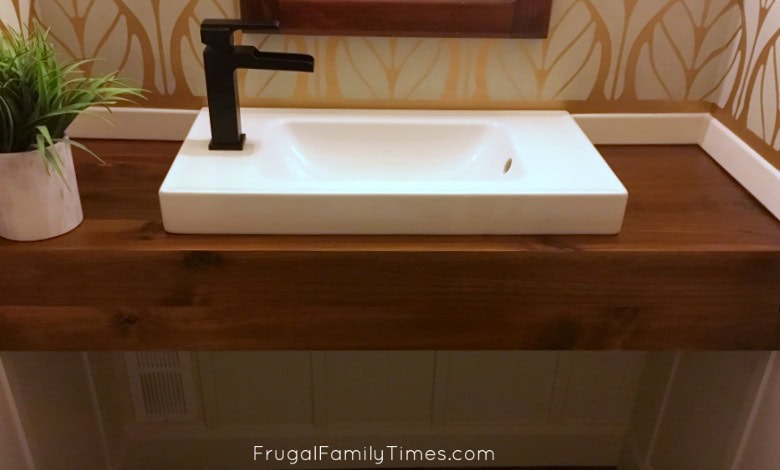 floating vanity with reclaimed wood stain