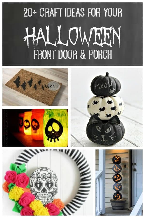 Fun and friendly Halloween decor craft ideas for your front door and porch. There is nothing especially scary on this list, just light-hearted fun. Included are Halloween wreaths, Halloween door mat, Halloween signs and Halloween lighted decor like candles and pumpkins. #halloween #halloweencrafts #halloweendecor #halloweenideas #frugalfamilytimes Easy DIY Halloween Decorations
