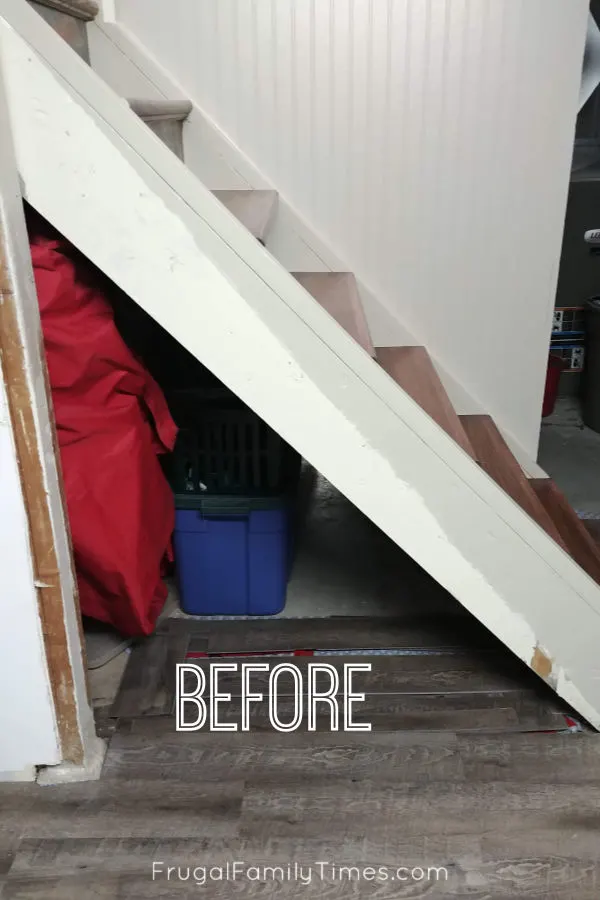 Hidden Storage Under Stairs (with Modern DIY Basement Railing) 2 storage under basement stairs before