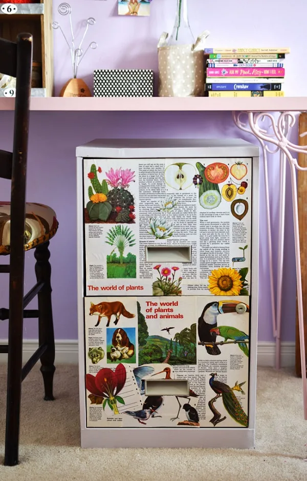 upcycled book pages file cabinet makeover