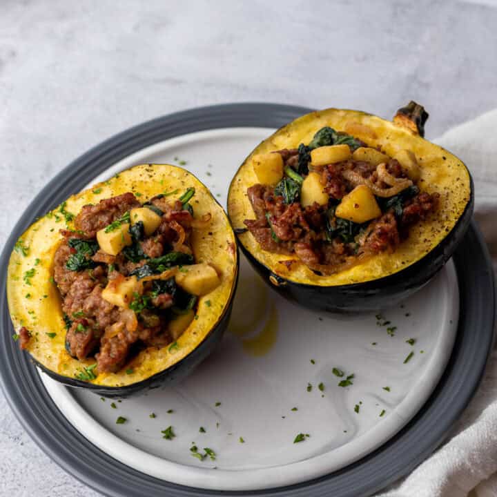 Stuffed Acorn Squash with Sausage and Apples and Caramelized Onions