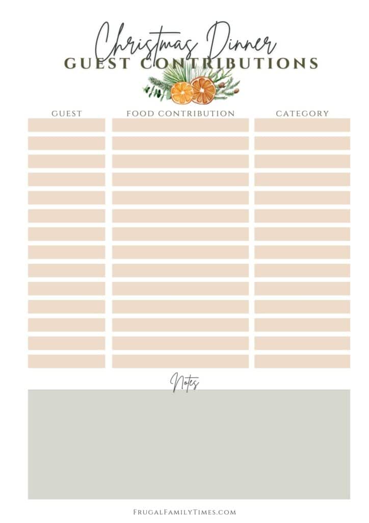 Christmas Dinner Guest Contributions printable free