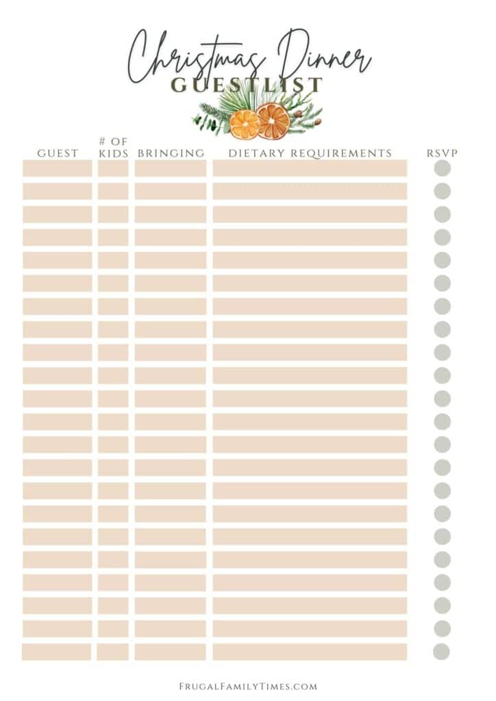 christmas guest list template printable free