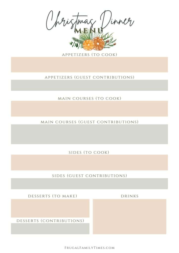 Christmas Dinner Menu printable free