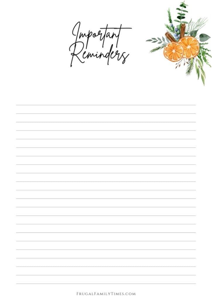 Christmas Planner Important Reminders printable free