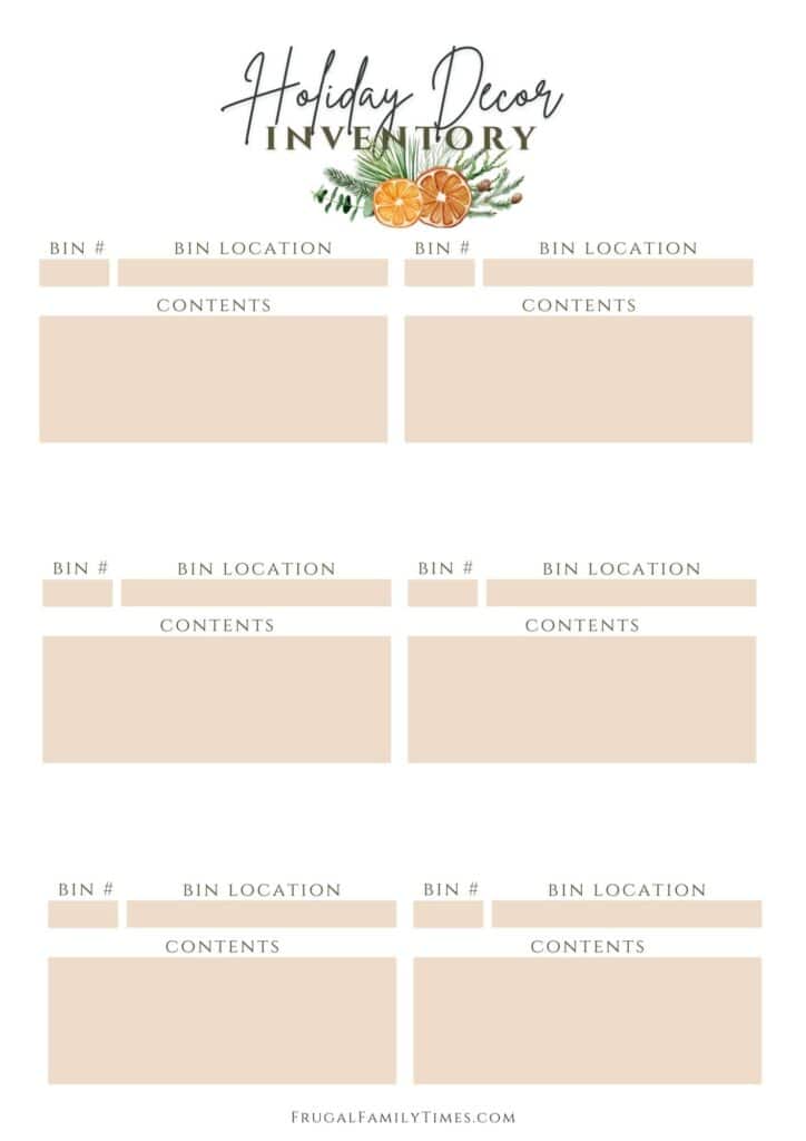 Holiday Decor Inventory printable free