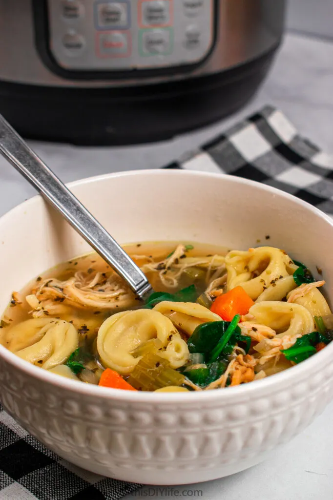 healthy instant pot tortellini soup with no cream and with frozen chicken