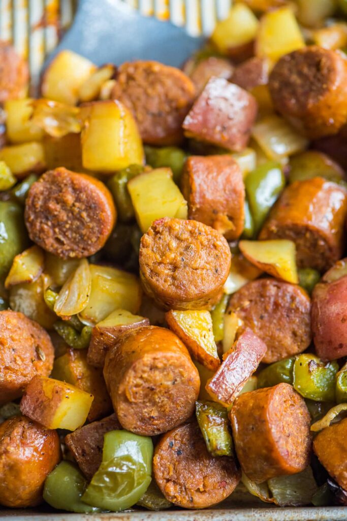 Vegan Baked Sausage and Potatoes with Peppers and Onions 