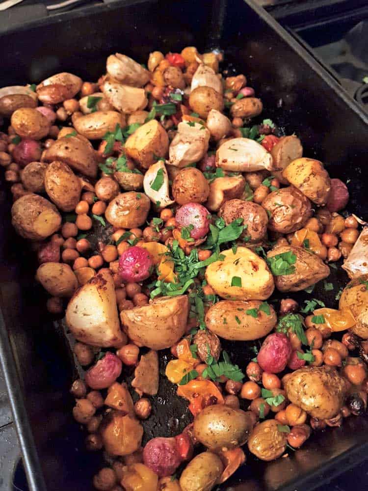 Garlicky Chickpea, Radish & Potato Traybake