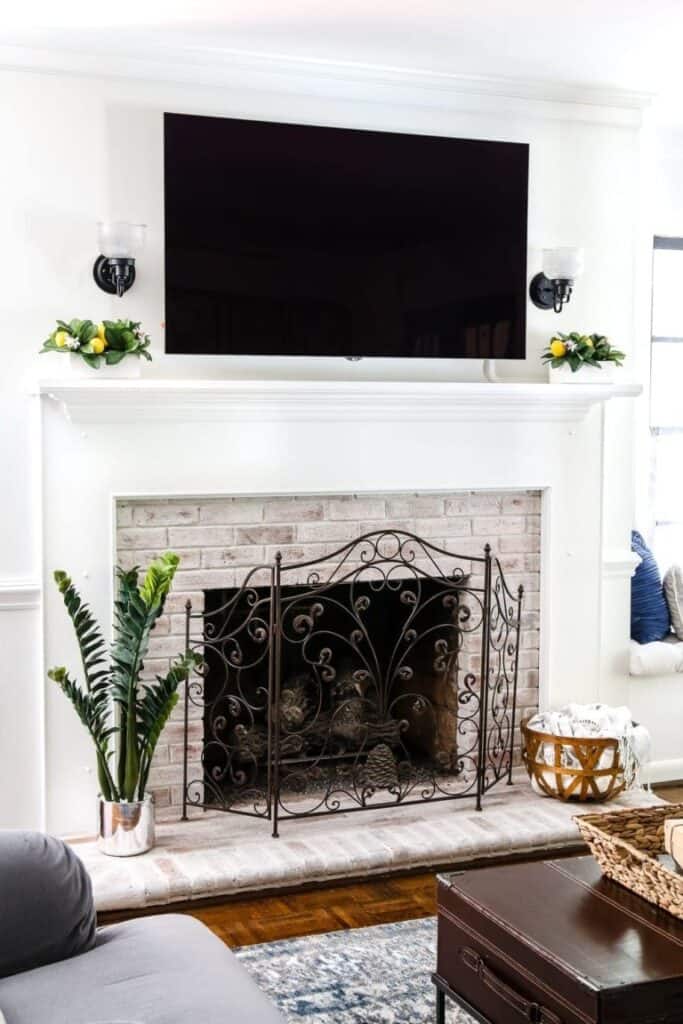 DIY Lime Washed Brick Fireplace