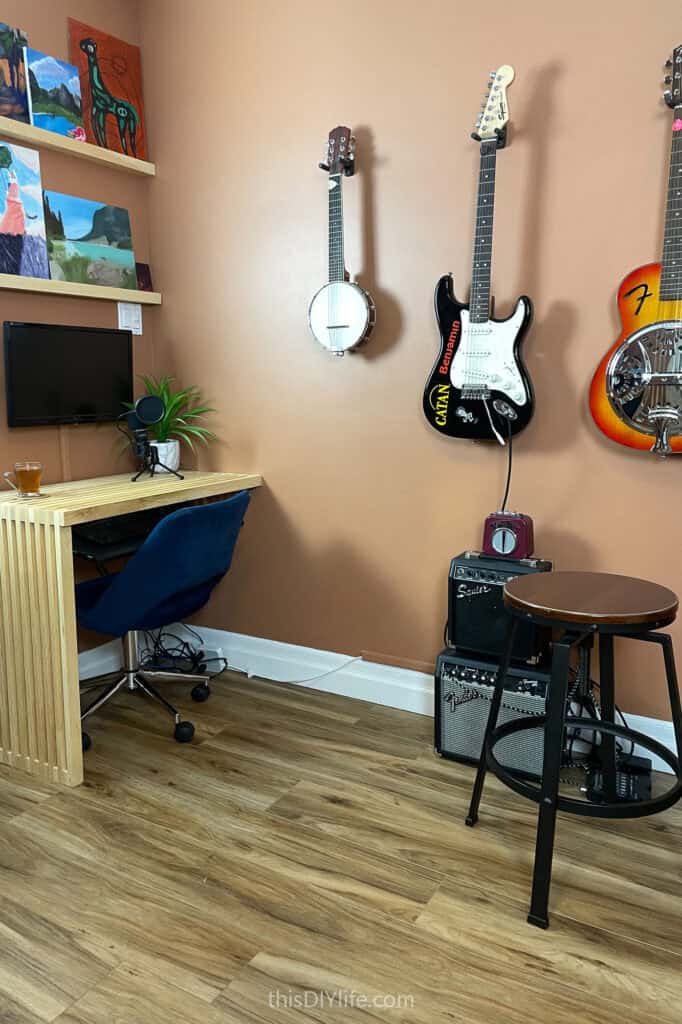 diy gaming desk and guitar display