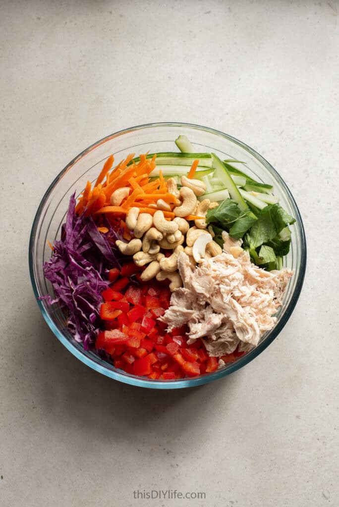 ingredients for thai-inspired chicken salad with peanut dressing