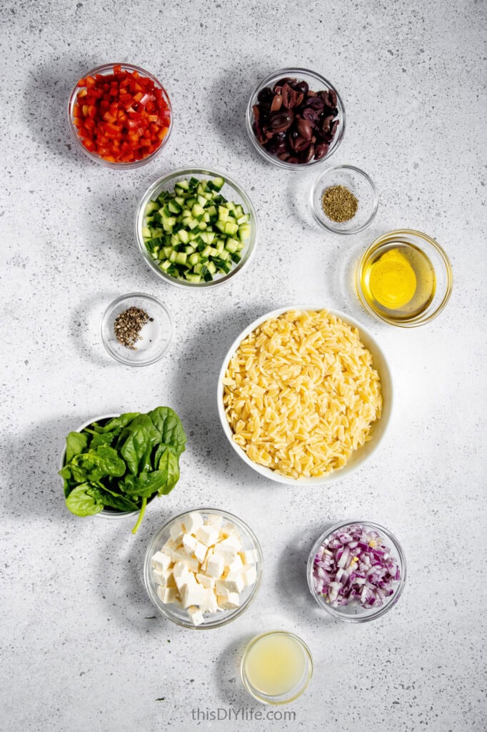 ingredients for greek lemon feta orzo salad recipe