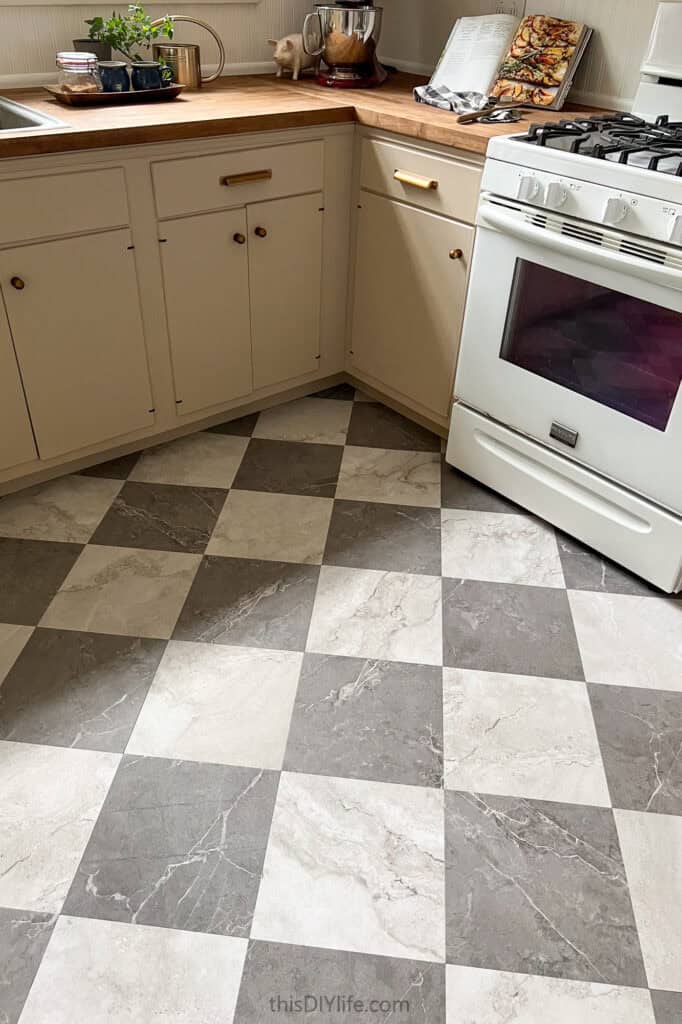 Gray and white marble checkerboard floor