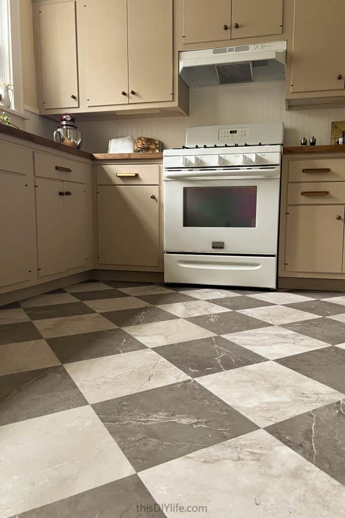 vinyl checkerboard floor in kitchen