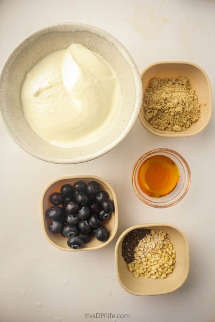 Ingredients for High Protein Blueberry Yogurt Bark